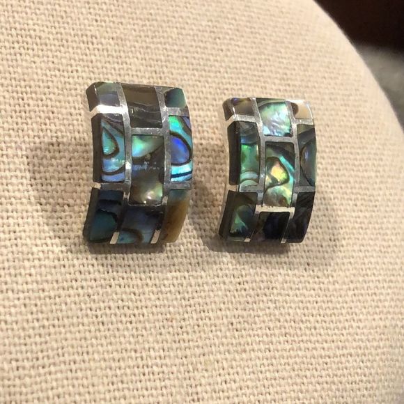 Vintage Sterling Silver Abalone Inlay Mosaic Earrings - Picture 1 of 12